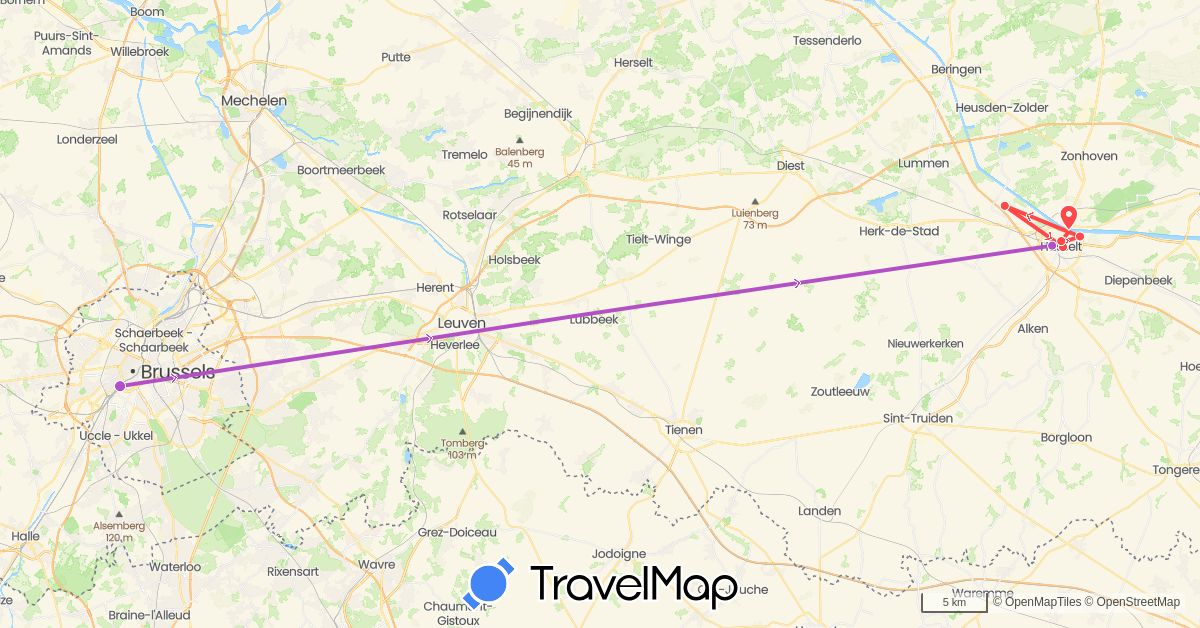 TravelMap itinerary: driving, train, hiking in Belgium (Europe)